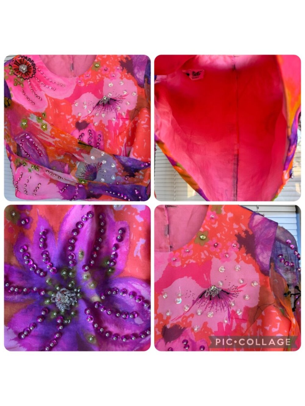 Miss Elliette California Hand-Beaded Floral Crop Blouse Sheer Sleeves Vtg 60s - Picture 4 of 16